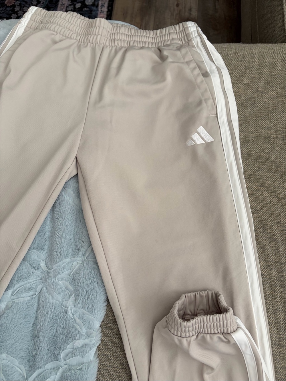 adidas Beige Track Pants with White Side Stripes